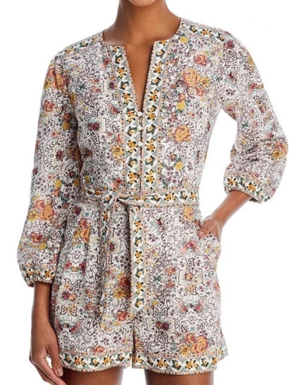 Paige puglia belted vneck romper im multi color size 2 button detail, pockets